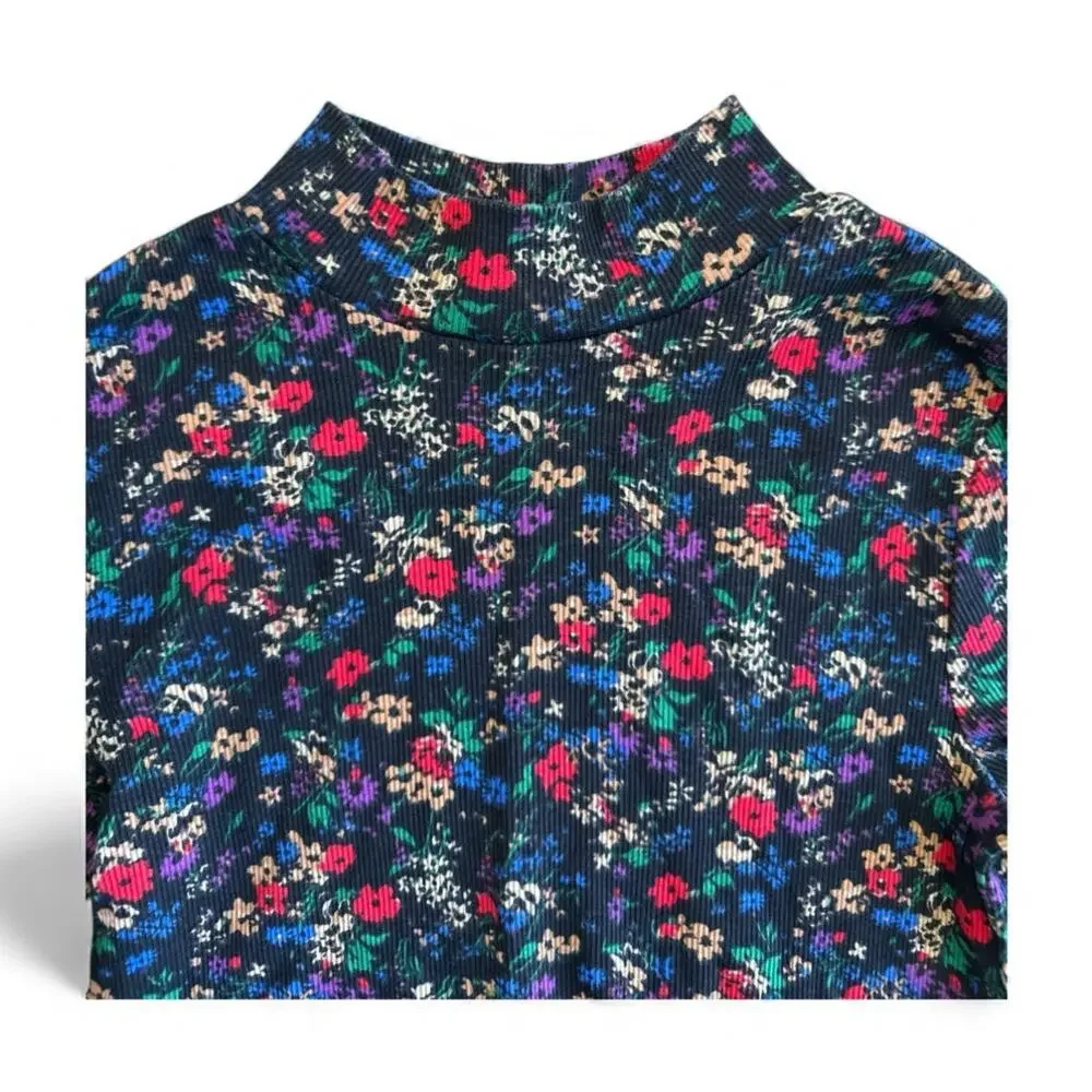 GAP Girls XL (10-12) Black Floral Turtleneck Ribbed Long Sleeve Top